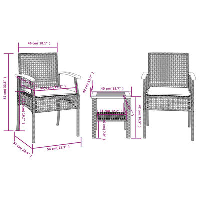 vidaXL 3-osainen Bistrosarja tyynyillä musta polyrottinki akasiapuu