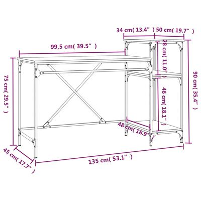 vidaXL Työpöytä hyllyillä ruskea tammi 135x50x90 cm tekninen puu/rauta