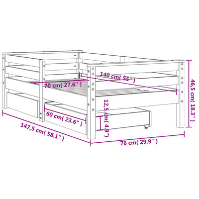 vidaXL Lasten sängynrunko laatikoilla 70x140 cm täysi mänty