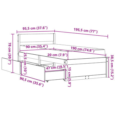 vidaXL Sänky laatikoilla ja patjalla valkoinen 90x190 cm täysi mänty