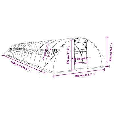 vidaXL Kasvihuone teräsrungolla valkoinen 64 m² 16x4x2 m