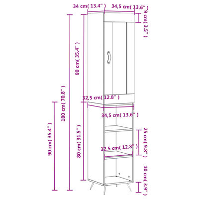 vidaXL Kaappi ruskea tammi 34,5x34x180 cm tekninen puu