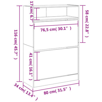 vidaXL Kenkäkaappi 2 kääntölaatikolla ruskea tammi 80x34x116 cm