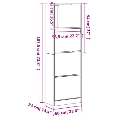 vidaXL Kenkäkaappi 4 kääntölaatikolla musta 60x34x187,5 cm