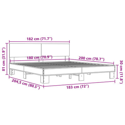 vidaXL Sängynrunko Sonoma tammi 180x200 cm tekninen puu ja metalli