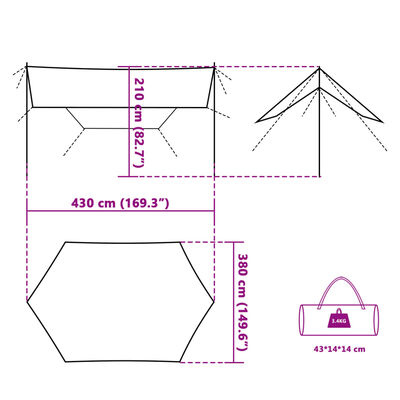 vidaXL Retkipressu vihreä 430x380x210 cm vedenpitävä