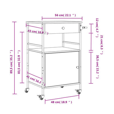 vidaXL Keittiövaunu ruskea tammi 56x43x89,5 cm tekninen puu