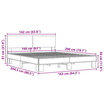 vidaXL Sängynrunko Sonoma-tammi 160x200 cm tekninen puu ja metalli