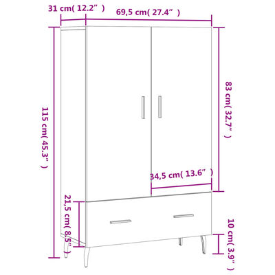 vidaXL Kaappi valkoinen 69,5x31x115 cm tekninen puu