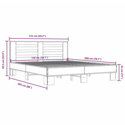 vidaXL Sängynrunko Sonoma-tammi 150x200 cm tekninen puu ja metalli