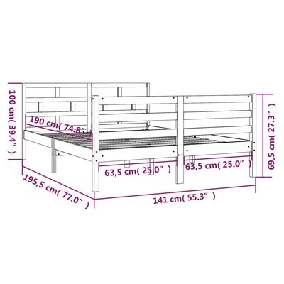 vidaXL Sängynrunko harmaa 135x190 cm Double täysi puu