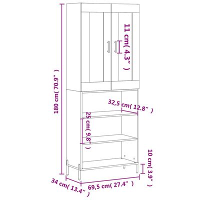 vidaXL Kaappi betoninharmaa 69,5x34x180 cm tekninen puu