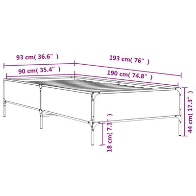 vidaXL Sängynrunko harmaa Sonoma 90x190 cm tekninen puu ja metalli