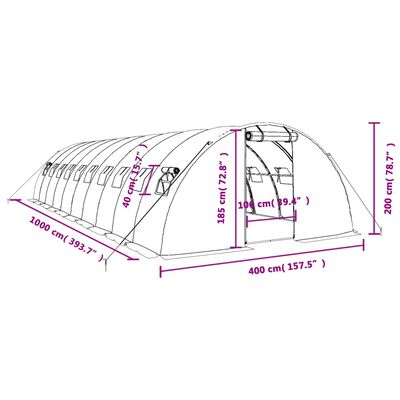 vidaXL Kasvihuone teräsrungolla valkoinen 40 m² 10x4x2 m