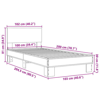 vidaXL Sängynrunko Sonoma tammi 100x200 cm tekninen puu ja metalli