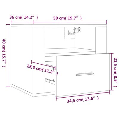 vidaXL Seinäkiinnitettävät yöpöydät 2 kpl Sonoma-tammi 50x36x40 cm