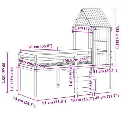 vidaXL Korotettu sänky katolla 75x190 cm täysi mänty