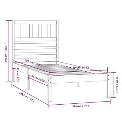 vidaXL Sängynrunko musta 90x190 cm Single täysi mänty