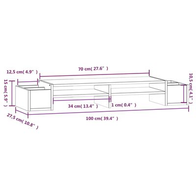 vidaXL Näyttökoroke harmaa 100x27,5x15 cm täysi mänty