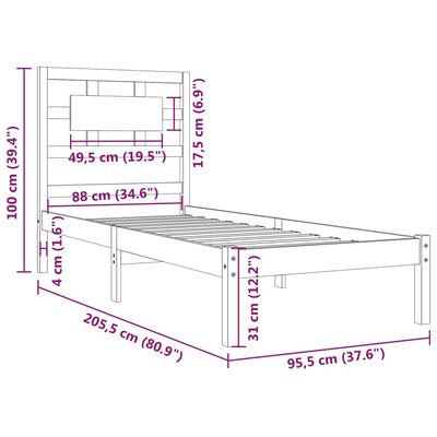 vidaXL Sängynrunko valkoinen täysi mänty 90x200 cm