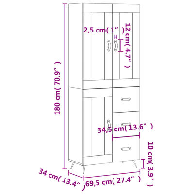 vidaXL Kaappi musta 69,5x34x180 cm tekninen puu