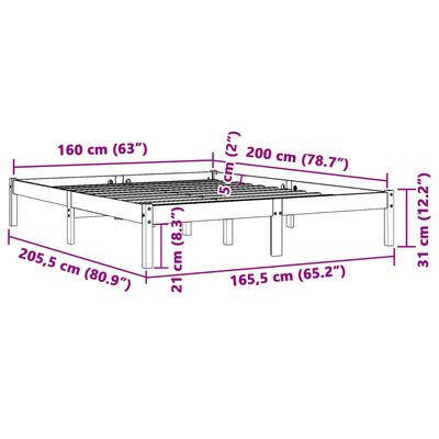 vidaXL Sängynrunko ilman patjaa vahanruskea 160x200 cm täysi mänty