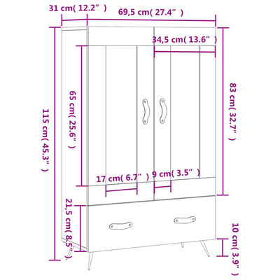 vidaXL Kaappi musta 69,5x31x115 cm tekninen puu