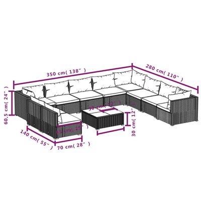 vidaXL 11-osainen Puutarhasohvasarja tyynyillä polyrottinki ruskea