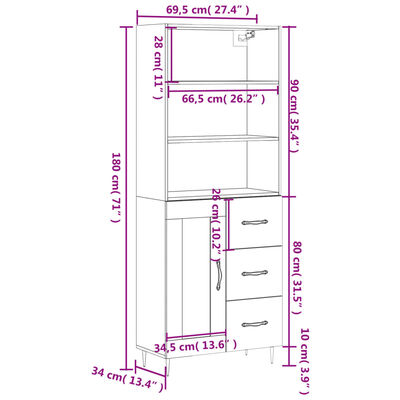 vidaXL Kaappi betoninharmaa 69,5x34x180 cm tekninen puu