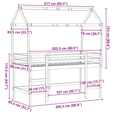 vidaXL Parvisänky tikkailla ja katoksella 80x200 cm täysi mänty