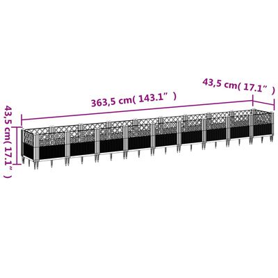 vidaXL Kukkalaatikko jalkatapeilla musta 363,5x43,5x43,5 cm PP