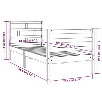 vidaXL Sängynrunko musta 75x190 cm Small Single täysi puu