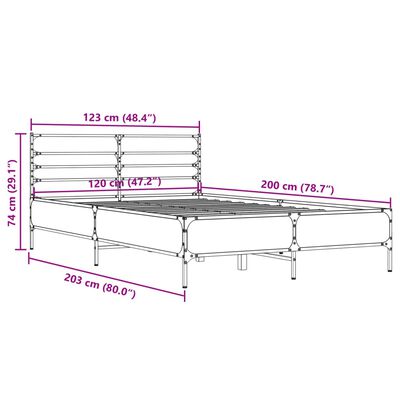 vidaXL Sängynrunko Sonoma tammi 120x200 cm tekninen puu ja metalli