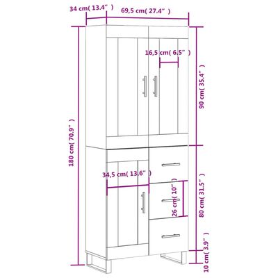 vidaXL Kaappi ruskea tammi 69,5x34x180 cm tekninen puu