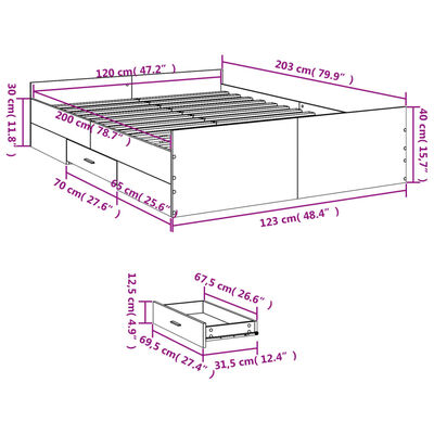 vidaXL Sängynrunko laatikoilla ruskea tammi 120x200 cm tekninen puu