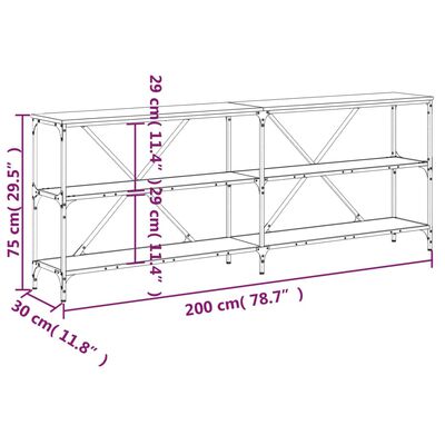 vidaXL Konsolipöytä savutammi 200x30x75 cm tekninen puu ja rauta