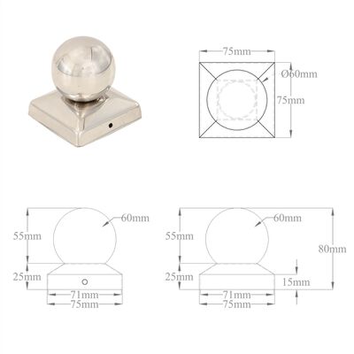 vidaXL Pallon muotoiset tolpan kärjet 6 kpl ruostumaton teräs 71x71 mm