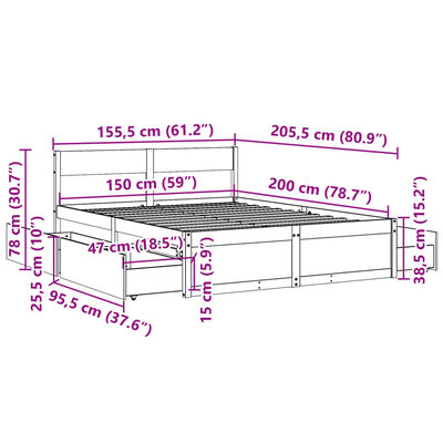 vidaXL Sängynrunko ilman patjaa vahanruskea 150x200 cm täysi mänty