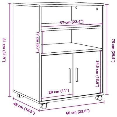 vidaXL Kaappi pyörillä betoninharmaa 60x48x81 cm lastulevy