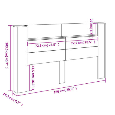 vidaXL Sängynpäätykaappi LED-valoilla savutammi 180x16,5x103,5 cm