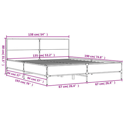 vidaXL Sängynrunko savutammi 135x190 cm tekninen puu ja metalli