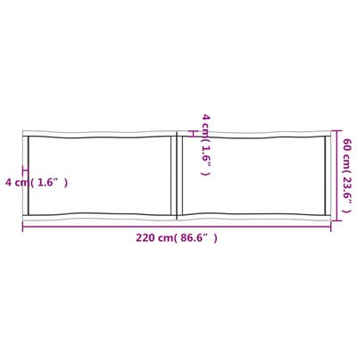 vidaXLPöytälevy ruskea 220x60x(2-6)cm käsitelty täystammi elävä reuna