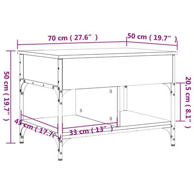 vidaXL Sohvapöytä harmaa Sonoma 70x50x50 cm tekninen puu ja metalli