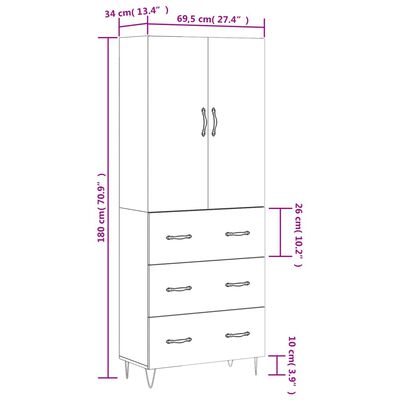 vidaXL Kaappi ruskea tammi 69,5x34x180 cm tekninen puu