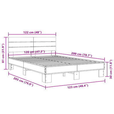 vidaXL Sängynrunko harmaa Sonoma 120x200 cm tekninen puu ja metalli