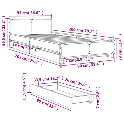 vidaXL Sängynrunko laatikoilla savutammi 90x200 cm tekninen puu