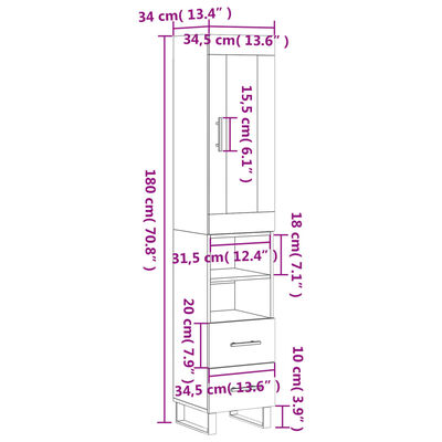 vidaXL Kaappi ruskea tammi 34,5x34x180 cm tekninen puu