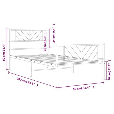 vidaXL Metallinen sängynrunko päädyillä valkoinen 90x200 cm