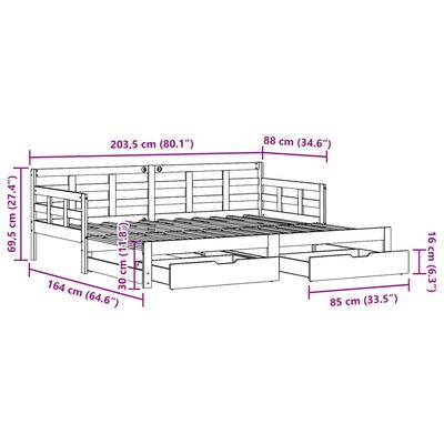 vidaXL Vuodesohva rullilla ja laatikoilla 80x200 cm täysi mänty