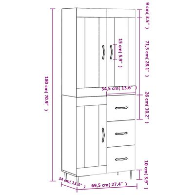 vidaXL Kaappi betoninharmaa 69,5x34x180 cm tekninen puu